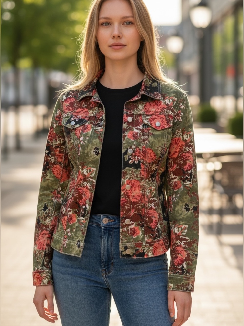 Live a Little Olive Floral Denim Jacket with Coral Blooms Front Snap Closures